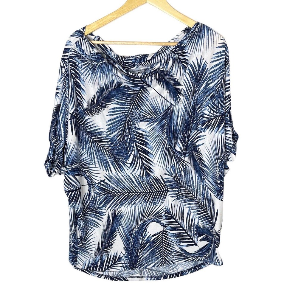 White Birch Blue White Palm Leaf Pattern Dolman Sleeve Blouse